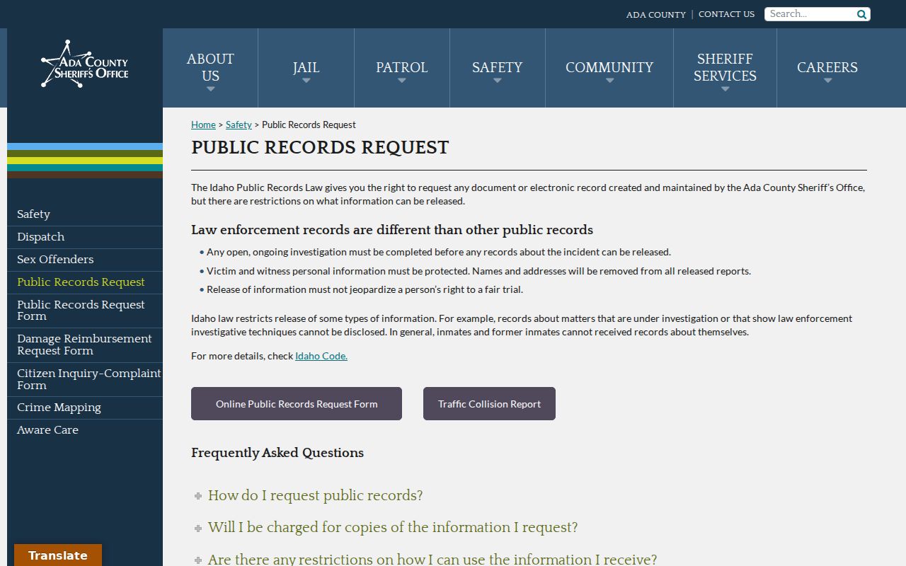 Idaho arrest records representative sheriff records request process