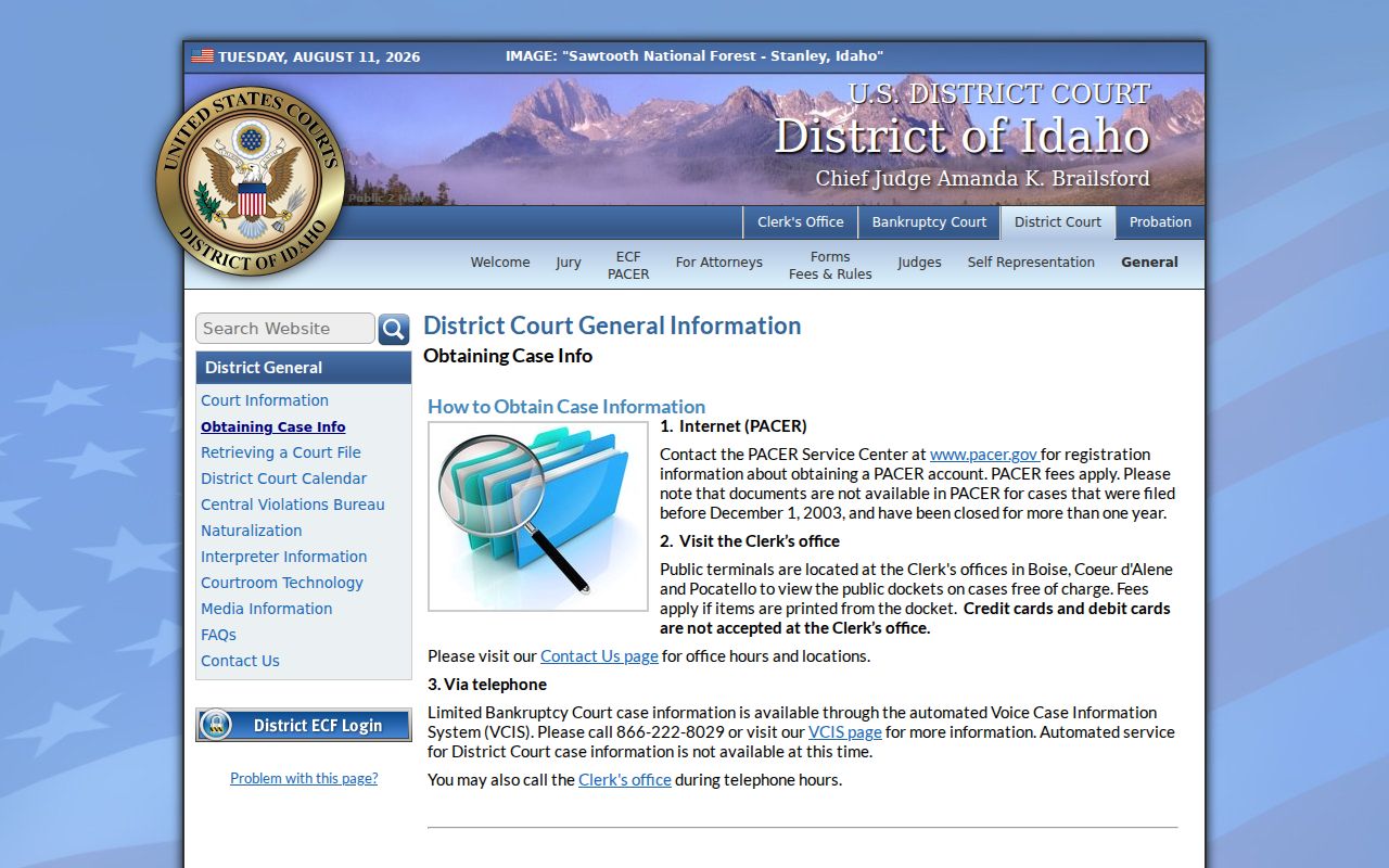 Idaho federal court dockets PACER and courthouse terminal access