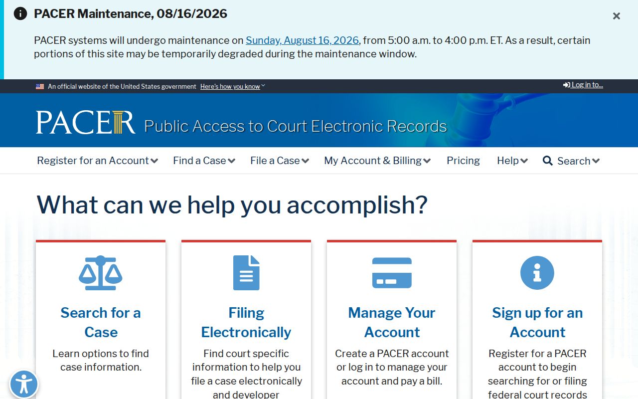 Idaho federal court dockets nationwide PACER registration service