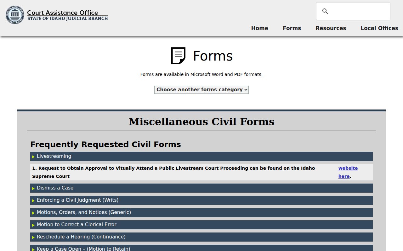 Idaho court records civil fee waiver service and subpoena forms