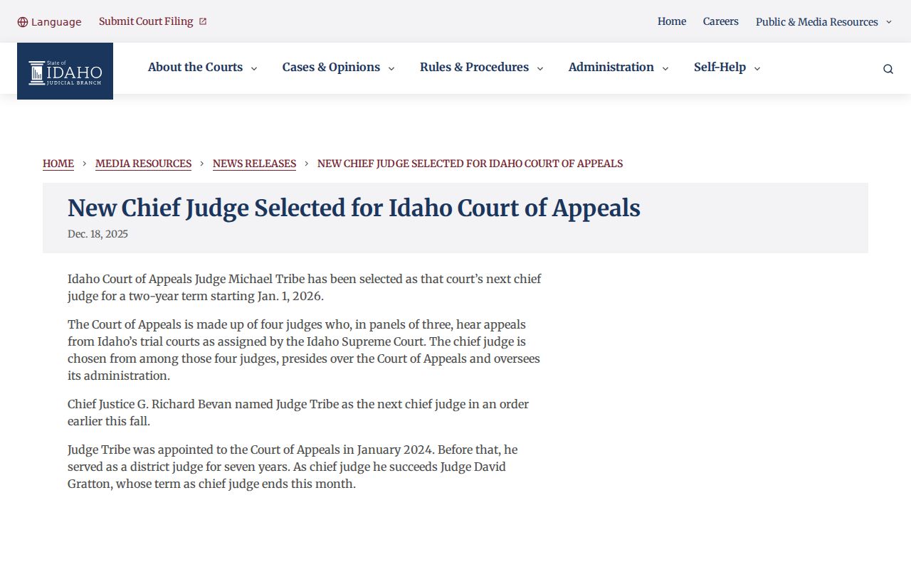 Idaho Court of Appeals court system announcement
