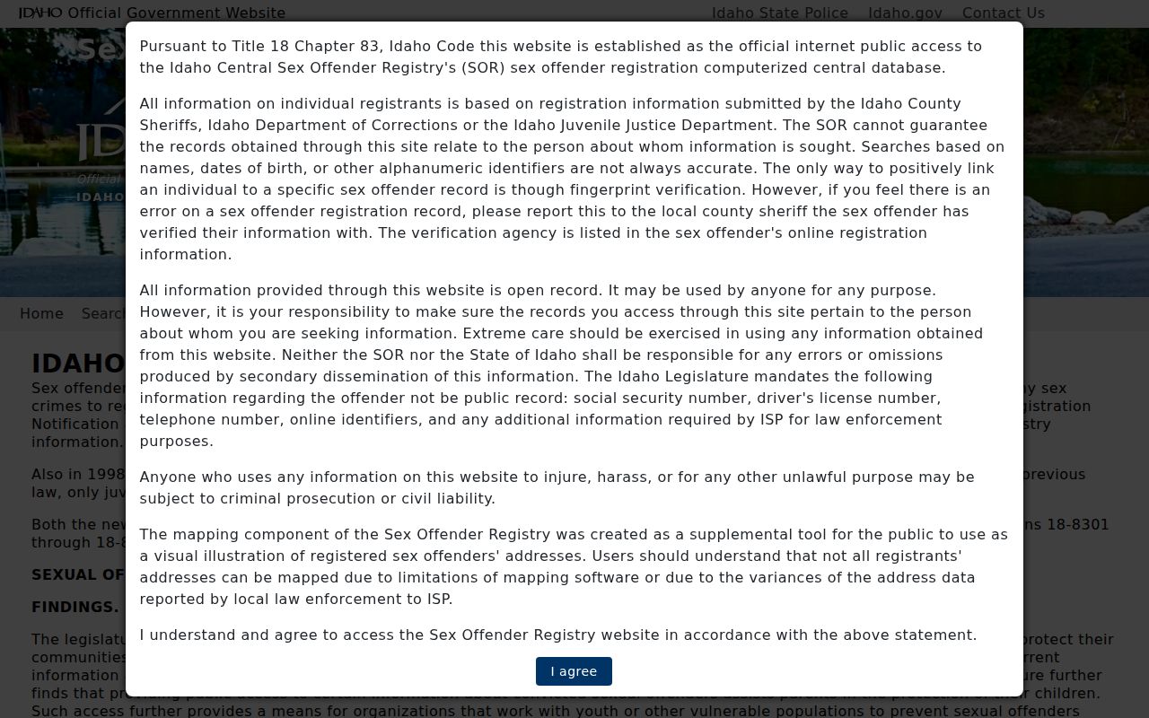 Idaho criminal court records and Central Sex Offender Registry search