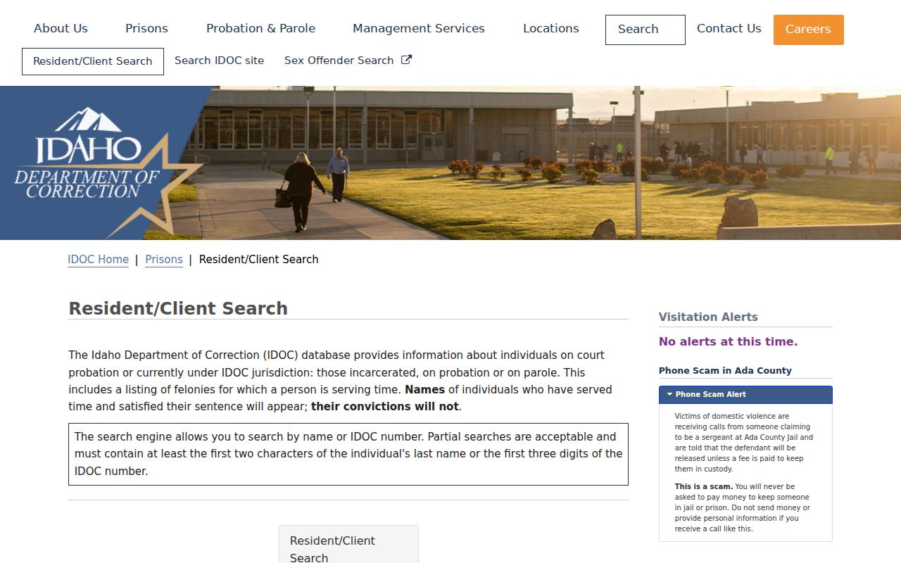Idaho inmate records in the IDOC Resident Client Search