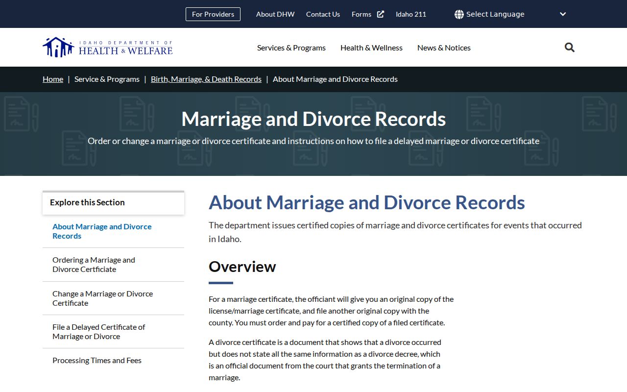 Idaho marriage and divorce record coverage since May 1947