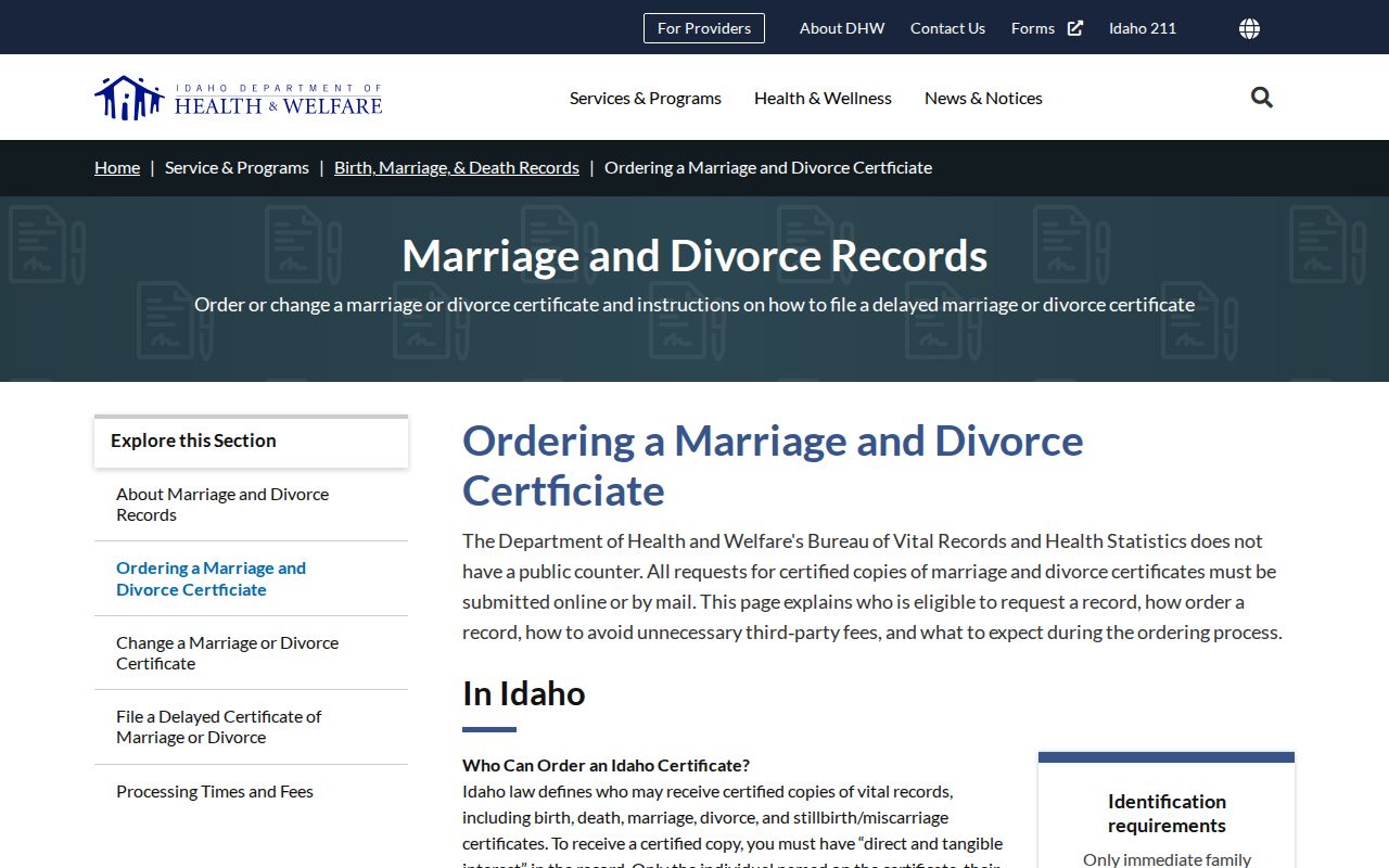 Idaho marriage and divorce record ordering instructions