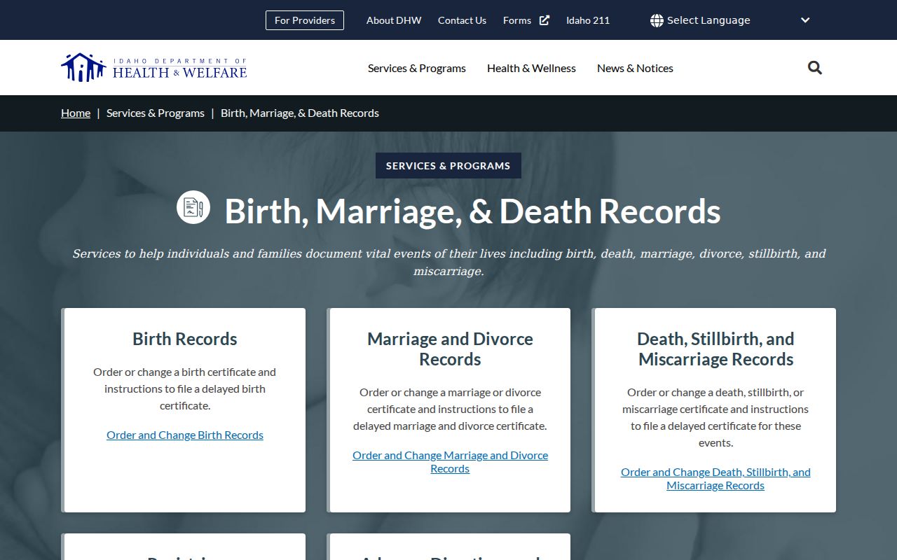 Idaho marriage and divorce records at the state vital records office