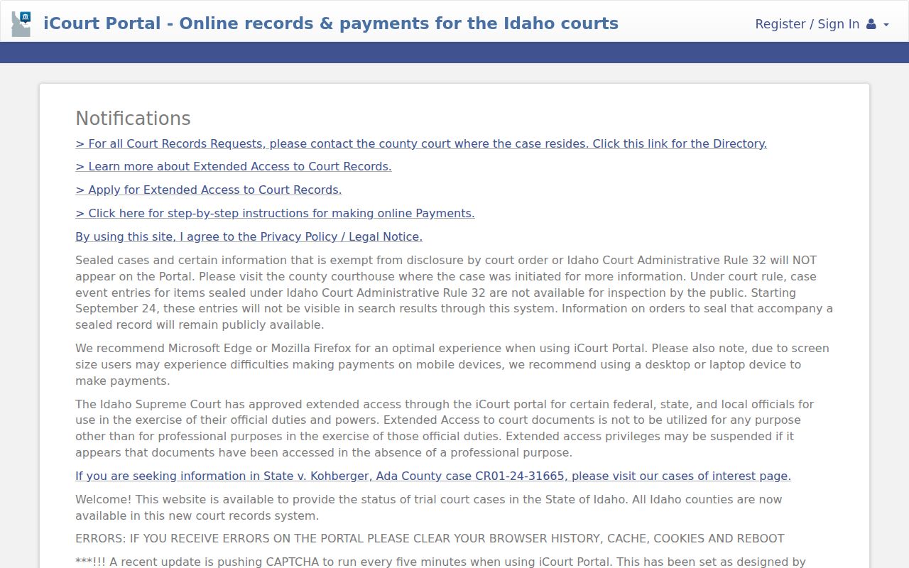 Idaho court records statewide iCourt Portal search