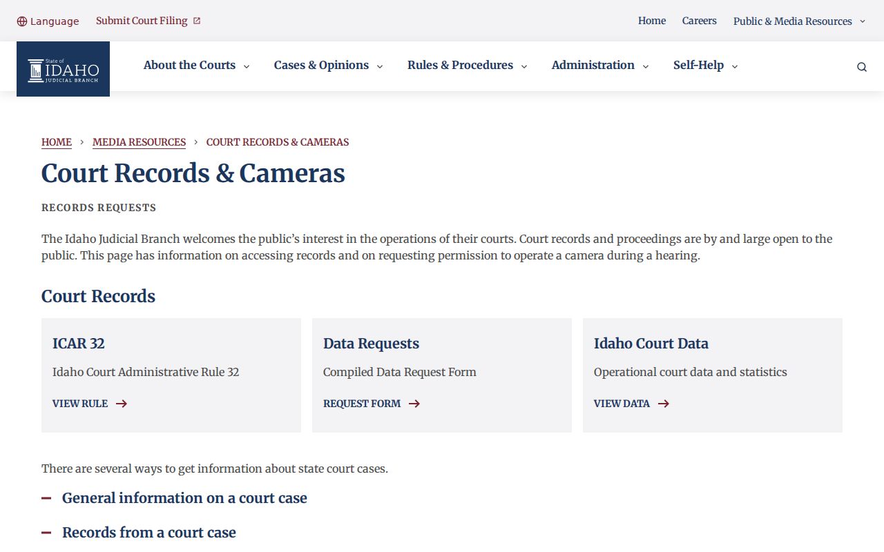 Idaho court records official request and county clerk routes
