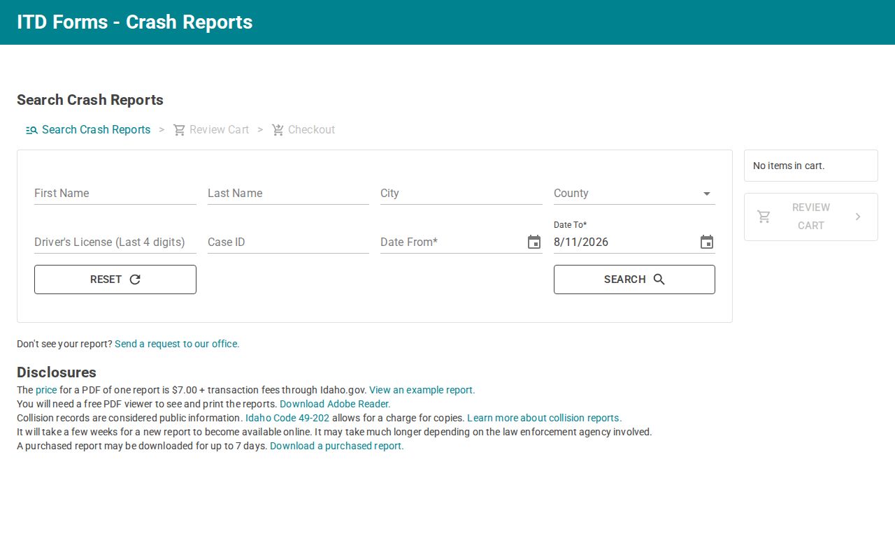 Idaho traffic records and official crash report search
