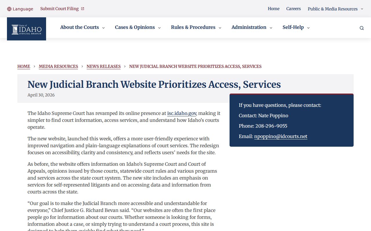 Idaho warrant records and Judicial Branch website announcement